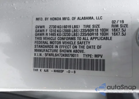 2019 Honda Odyssey Ex-L from USA, damaged, VIN 5FNRL6H73KB079011